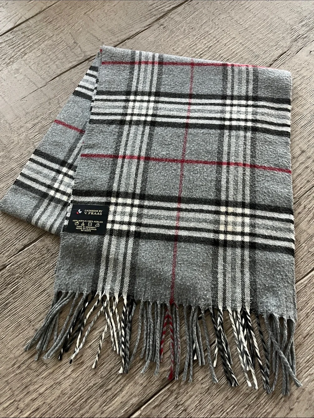 V. FRAAS Grey Plaid Wool Scarf